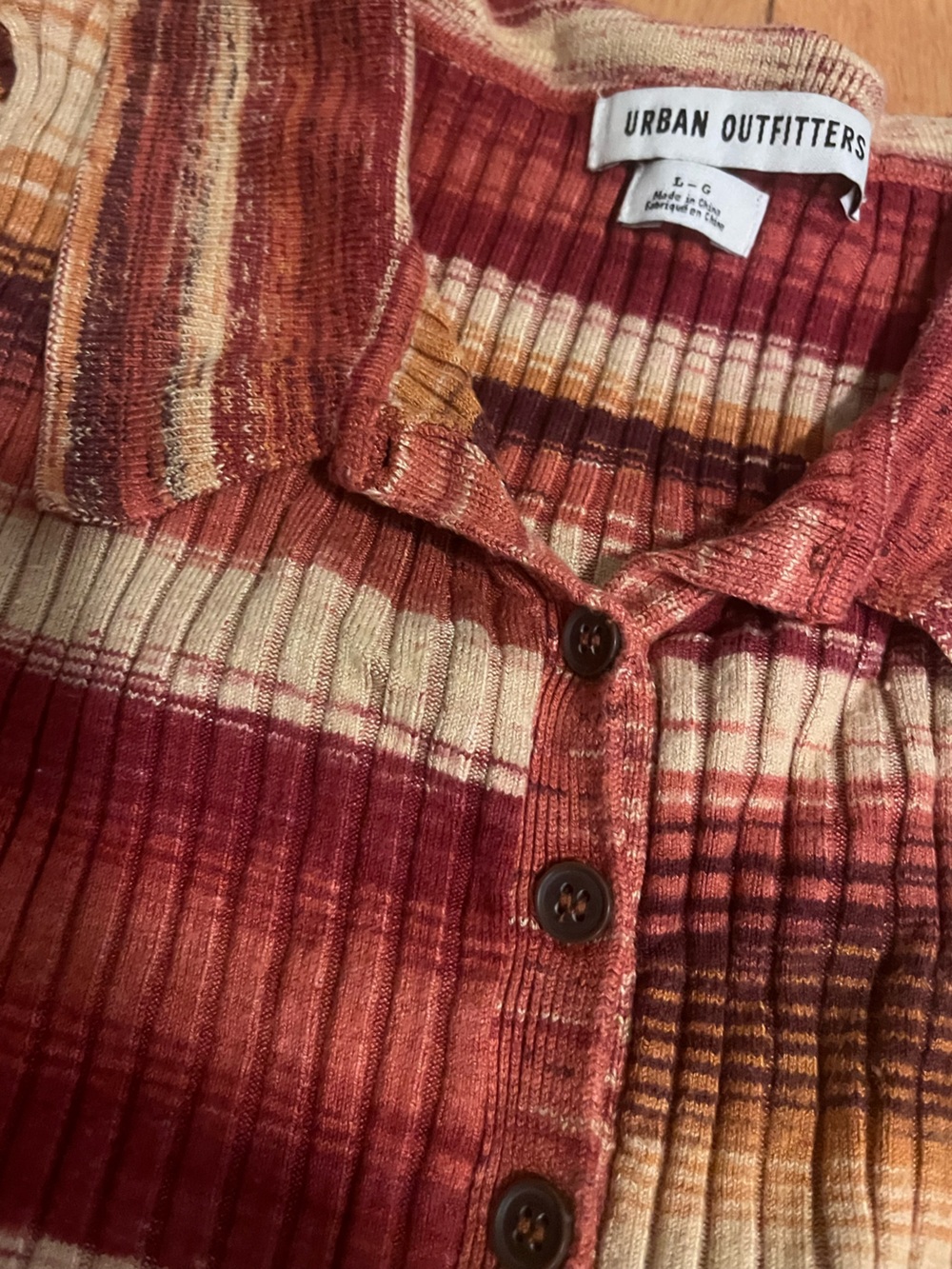 Urban Outfitters Red, Cream & Brown Striped Ribbed Button-Up Top - Picture 3 of 4